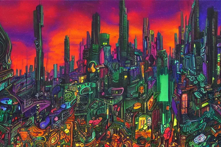 Image similar to surreal colorful nightmarish cityscape, artwork by Ralph Bakshi