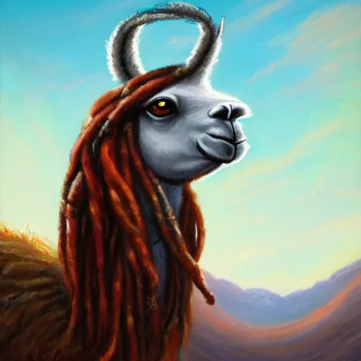 Prompt: llama with dreadlocks, heroic pose, by Noah Bradley