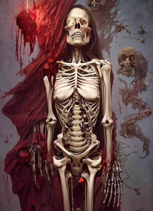 Image similar to human skeleton covered with blood, ultra realistic, concept art, intricate details, highly detailed, photorealistic, octane render, 8 k, unreal engine. art by artgerm and greg rutkowski and alphonse mucha