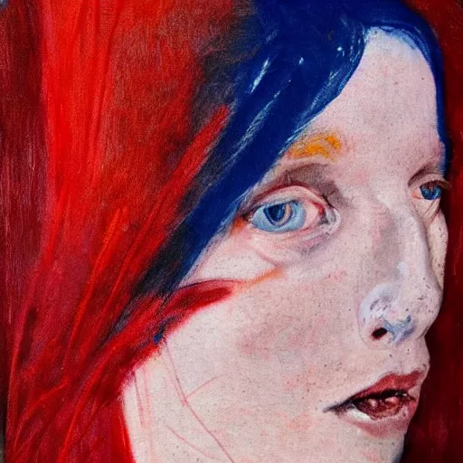 Prompt: Woman portrait red hair blue eyes freckles Francis Bacon style