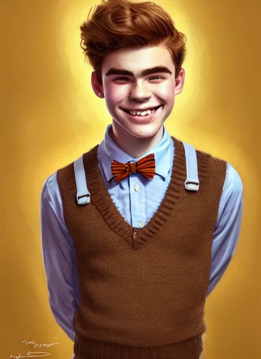 Image similar to portrait of teenage archie andrews, freckles, curly middle part haircut, curly hair, middle part hairstyle, smiling kindly, wearing a bowtie and sweater vest, intricate, elegant, glowing lights, highly detailed, digital painting, artstation, concept art, smooth, sharp focus, illustration, art by wlop, mars ravelo and greg rutkowski