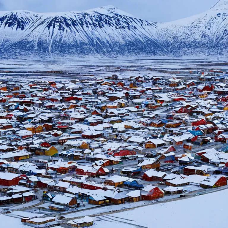 Prompt: a beautiful town in svalbard, snow