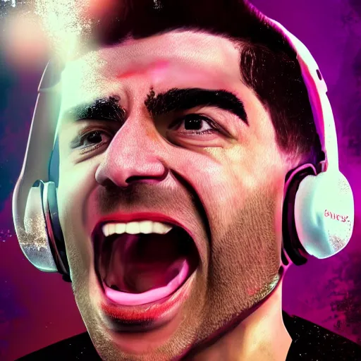 Image similar to tony khan wearing a headset, screaming furiously, cocaine everywhere, scared people in the background, intense, hyper detailed, artstation, flashing lights, hyper anger, eruption, 8 k