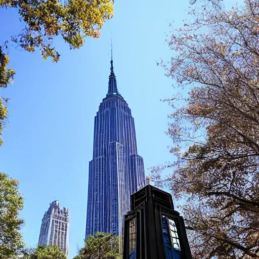 Image similar to a tardis as big as the empire state building towering over central park