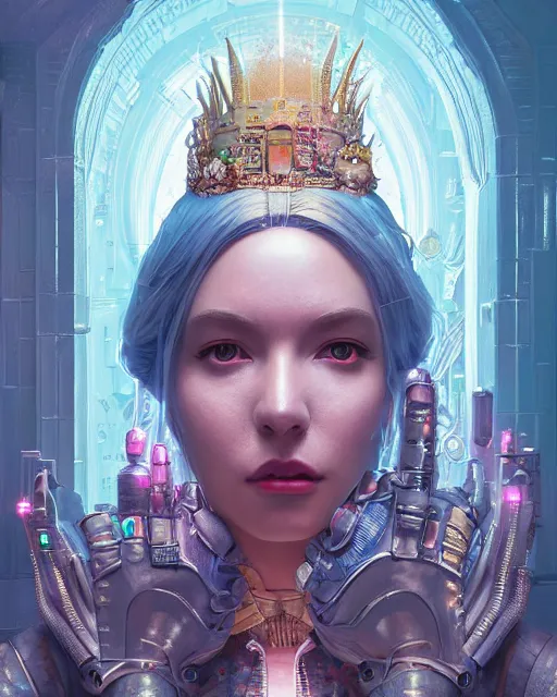 Image similar to highly detailed surreal vfx portrait of a cyberpunk queen in a majestic castle by golden tree, stephen bliss, unreal engine, greg rutkowski, loish, rhads, beeple, makoto shinkai and lois van baarle, ilya kuvshinov, rossdraws, tom bagshaw, alphonse mucha, global illumination, detailed and intricate environment