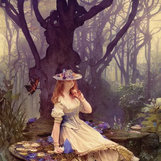 Prompt: a beautifull intricate watercolour painting of alice in wonderland scene, reflexions, verry high details by william turner art, greg rutkowski and alphonse mucha, trending on artstation, very very detailed, masterpiece, muted colors