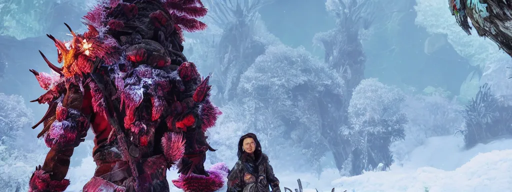 Image similar to explorer woman walking in animal fur armour, walking in a dense alien snow covered frosty jungle, with snow covered colourful red, blue and purple plants, large vines, snow covered arched organic rock structures, in the style of monster hunter world, like concept art on artstation, hyperdetailed, vray render, octane render,