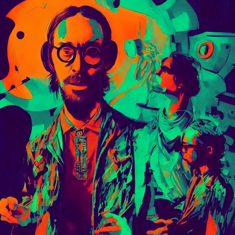 Image similar to duotone trippy 1 9 6 0 s lsd concept illustration portrait of a hippy rock musician on stage. volumetric lighting. golden ratio accidental renaissance. by sachin teng and sergey kolesov and ruan jia and heng z. graffiti art, scifi, fantasy, hyper detailed. octane render. concept art. trending on artstation.