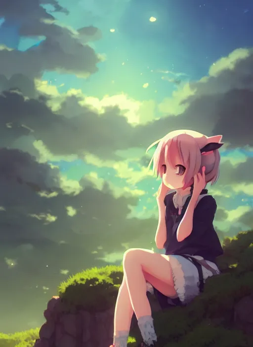 Image similar to portrait of cute catgirl, cloudy sky background lush landscape illustration concept art anime key visual trending pixiv fanbox by wlop and greg rutkowski and makoto shinkai and studio ghibli