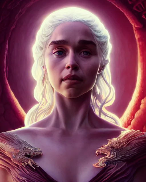 Image similar to highly detailed surreal vfx portrait of daenerys targaryen, stephen bliss, unreal engine, greg rutkowski, loish, rhads, beeple, makoto shinkai and lois van baarle, ilya kuvshinov, rossdraws, tom bagshaw, alphonse mucha, global illumination, detailed and intricate environment