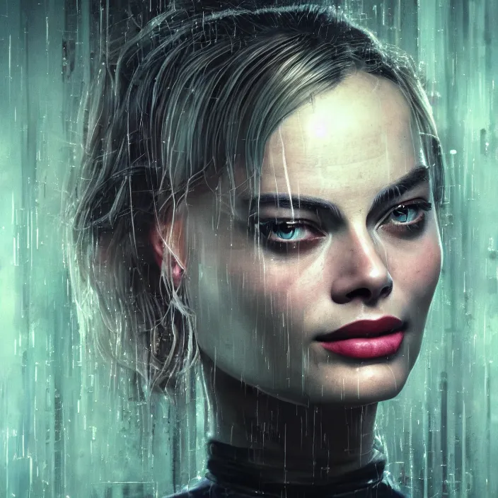 Image similar to portrait of Margot Robbie in The Matrix. intricate abstract. intricate artwork. by Tooth Wu, wlop, beeple, dan mumford. octane render, trending on artstation, greg rutkowski very coherent symmetrical artwork. cinematic, hyper realism, high detail, octane render, 8k, iridescent accents