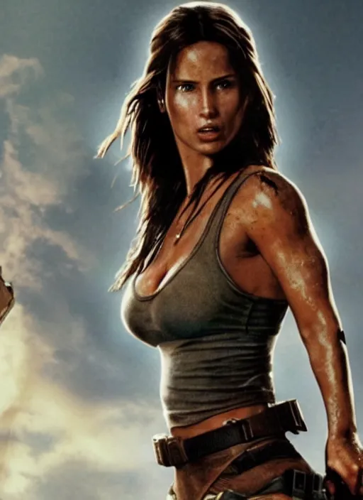 Image similar to film still of Lara Croft in Die Hard, thicc body, large chest, cinematic shot, 4k