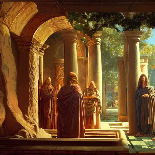 Prompt: Homeric mesmerizing inner sanctum of the most venerable and beautiful truth, in the style of Jeff Easley, Grant Wood, Ken Kelly, Élisabeth Vigée Le Brun, dramatic lighting, establishing shot, detailed and realistic faces, 8k resolution – W 1024