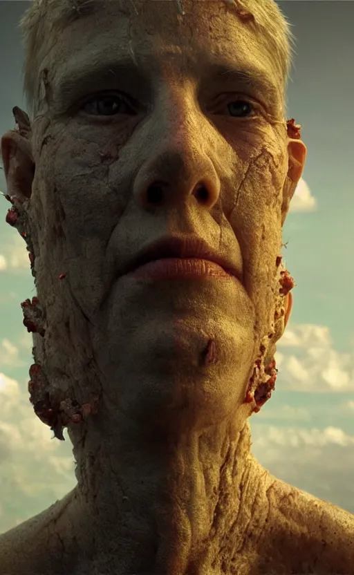 Image similar to extremely detailed cinematic movie still 3 0 7 7 portrait shot of a god of love 2 5 years old white man hyperreal skin face at the mountain top by denis villeneuve, wayne barlowe, simon birch, marc simonetti, philippe druillet, beeple, bright volumetric sunlight from remote star, rich moody colors, closeup, bokeh