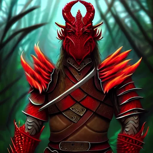 Image similar to A dragonborn with red scales and wings, wearing viking armor, in a rainforest, trending on artstation