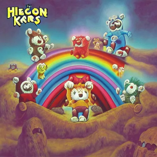 Prompt: the care bears on iron maiden album cover, 8 k resolution hyperdetailed dystopian apocalyptic surrealism