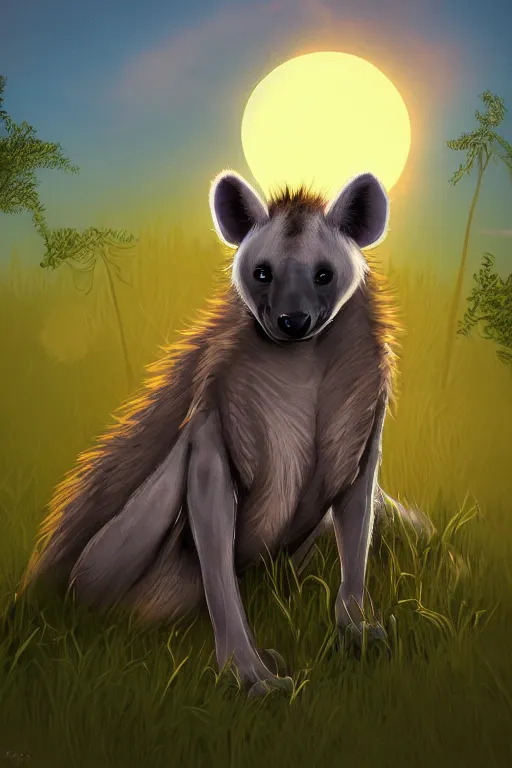 Prompt: anthropomorphic hyena fursona sitting in between the grass in savannah lit by the sunset, furry art, trending on artstation, digital art, kawacy