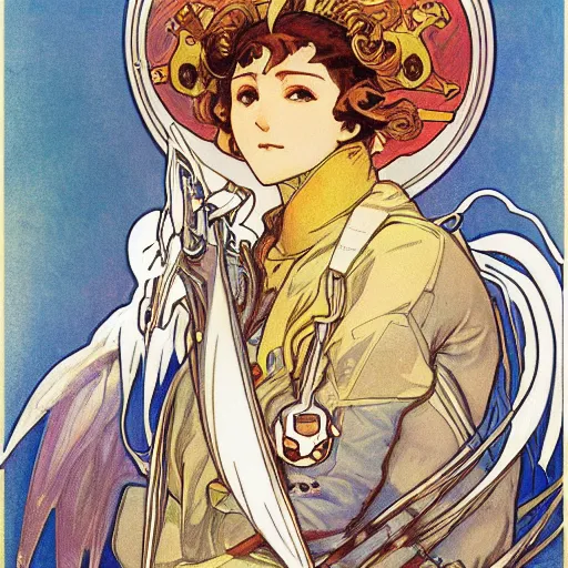 Image similar to anime manga angelic winged gundam robot astronaut portrait by Alphonse Mucha art nuevou