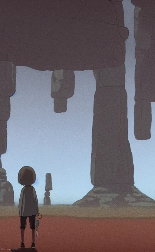 Image similar to a realistic cell - shaded studio ghibli concept art from paprika ( 2 0 0 6 ) of a flying android from close encounters of the third kind ( 1 9 7 7 ) in a flooded monument valley stonehenge jungle on a misty starry night. very dull colors, action shot, hd, 4 k, hq