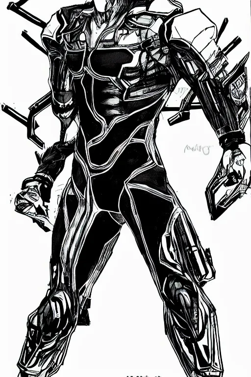 Image similar to raiden from metal gear rising, doing a heroic pose, a page from cyberpunk 2 0 2 0, style of paolo parente, style of mike jackson, adam smasher, johnny silverhand, 1 9 9 0 s comic book style, white background, ink drawing, black and white