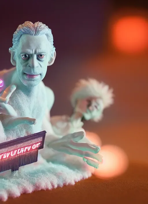 Image similar to product photography of a claymation action figure fluffy neon oled steve buscemi, depth of field, zeiss lens, detailed, centered, by erwin olaf, joop geesink, wes anderson, breathtaking, 8 k resolution, extremely detailed, beautiful, establishing shot, realistic materials, hyperrealistic