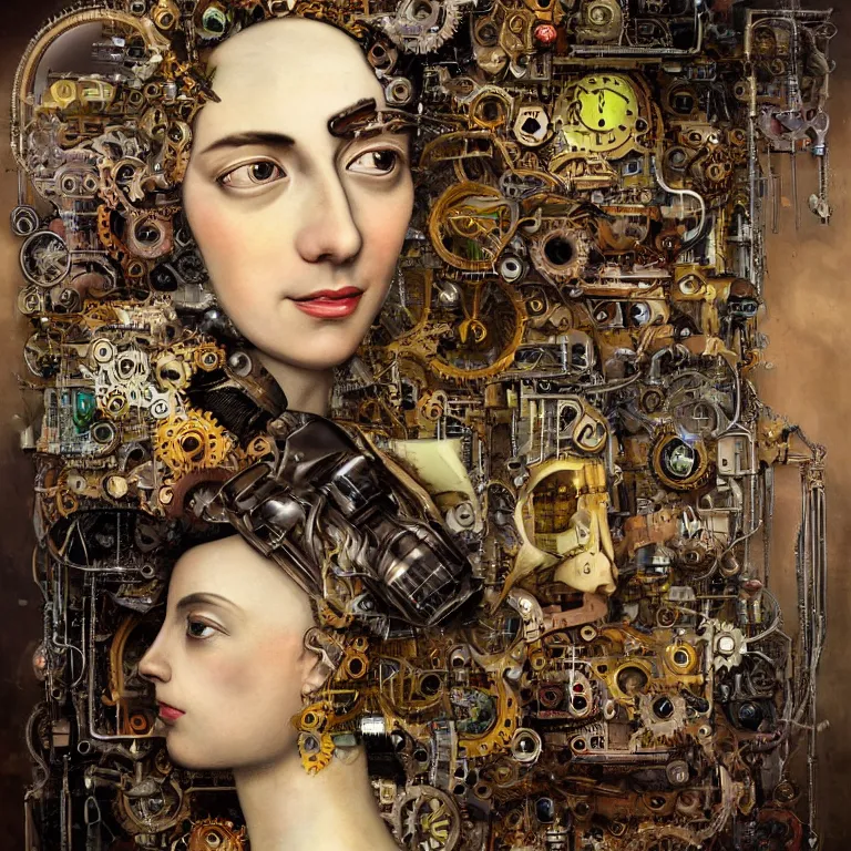 Image similar to profile portrait of a woman, computer parts, mechanical parts, by giuseppe arcimboldo, steampunk, cyberpunk, futuristic, psychedelic, surreal, sci - fi, vaporwave, alien, dreamlike.