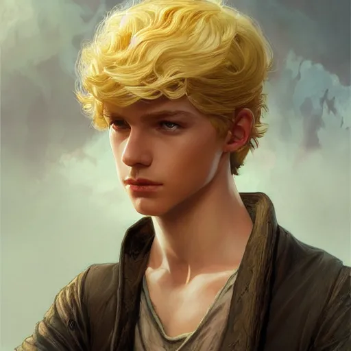 Image similar to an epic fantasy comic book style portrait painting of a young blonde boy thief, d & d, fantasy, intricate, elegant, highly detailed, digital painting, artstation, concept art, matte, sharp focus, illustration, art by artgerm and greg rutkowski and alphonse mucha