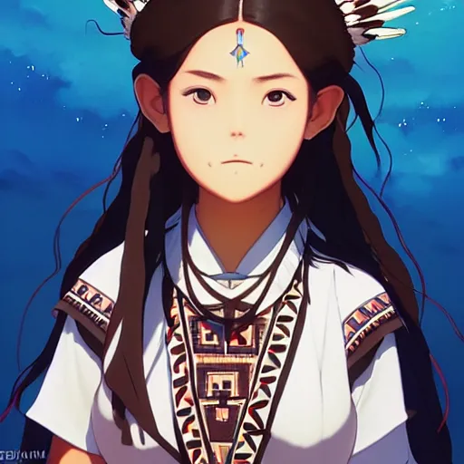 Prompt: a beautiful! plus sized native women instagram model, brown skin, wearing catholic school girl outfit with mayan pattern and native style, aztec street fashion, gapmoe yandere grimdark, trending on pixiv fanbox, painted by greg rutkowski makoto shinkai takashi takeuchi studio ghibli, akihiko yoshida