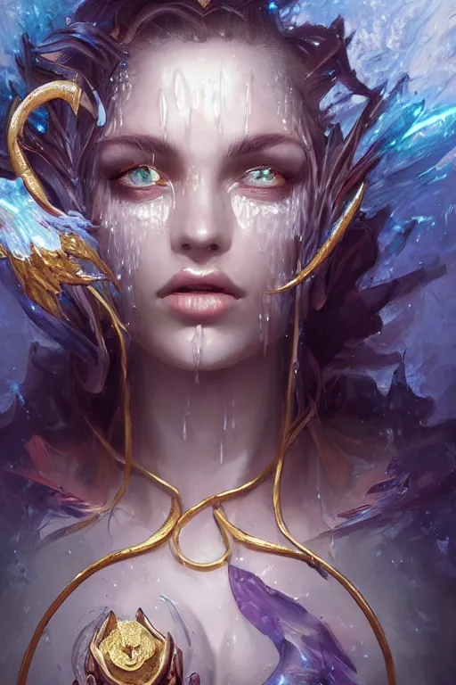 Image similar to face closeup extremely beautiful girl necromancer covered with water, wizard casting magic spell, gold beam, angel, magic storm and thunder clouds, fantasy, magic the gathering, hyper detailed, 3 d render, hyper realistic detailed portrait, peter mohrbacher