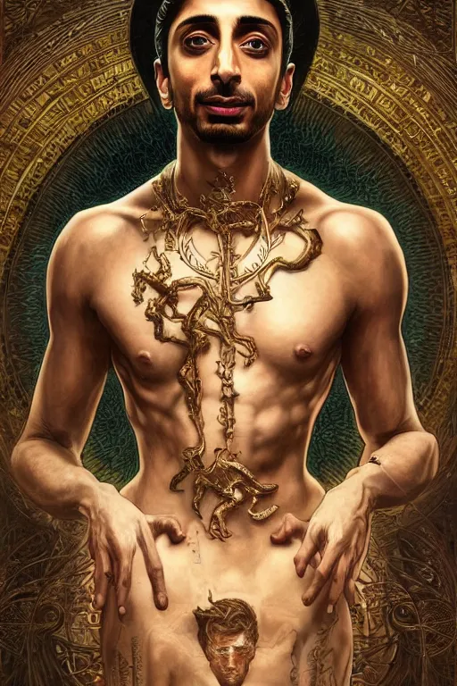 Prompt: Riz Ahmed as a Universal God, fantasy, intricate, elegant, highly detailed, digital painting, 4k, HDR, concept art, smooth, sharp focus, illustration, art by artgerm and H R Giger and alphonse mucha