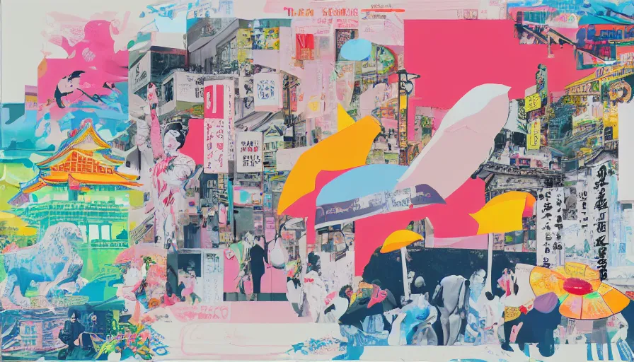 Prompt: Japan travel and adventure, isolated on a minimalist white acrylic base coat, acrylic airbrush collage-painting by Jules Julien, Leslie David and Lisa Frank, muted colors with predominant white background minimalism, neon color mixed collage cutout details, neo-classical composition, rule of thirds, design tension, impactful graphic design