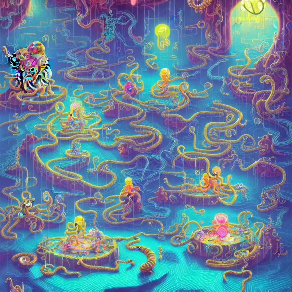 Prompt: illustration of a data-center architecture or schema, security agent and little shiny treasure and little spiked viruses and little octopus, datapipeline or river, painting by Jules Julien and Lisa Frank and Peter Mohrbacher and Alena Aenami and Dave LaChapelle muted colors with minimalism