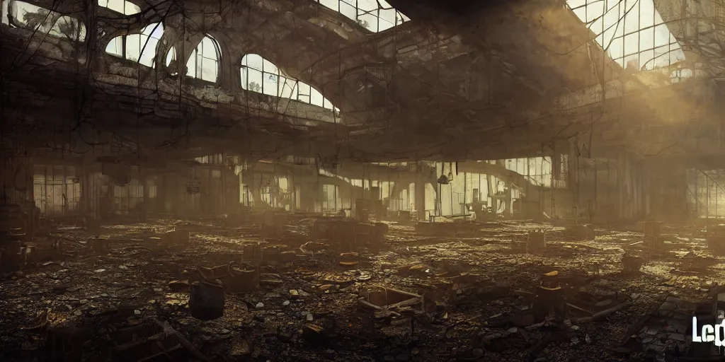 Image similar to fallout 5, indoors dilapidated partially ruined factory interior, rusted machinery, atmospheric lighting, painted, intricate, volumetric lighting, beautiful, daytime, sunny weather, slight overcast, golden hour, sharp focus, deep colours, ultra detailed, by leesha hannigan, ross tran, thierry doizon, kai carpenter, ignacio fernandez rios