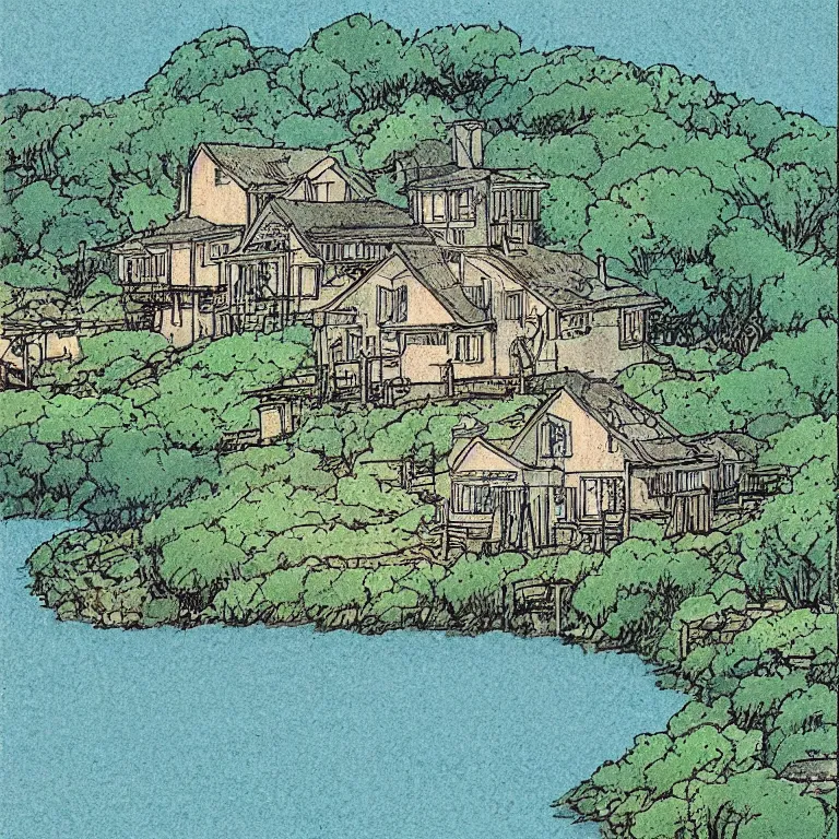 Image similar to drawing of a house on a hill overlooking a body of water, a comic book panel by hayao miyazaki, featured on tumblr, neo - romanticism, wallpaper, minimalistic