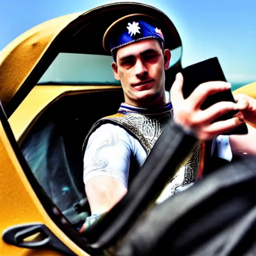 Image similar to a roman soldier taking a selfie inside of a car.