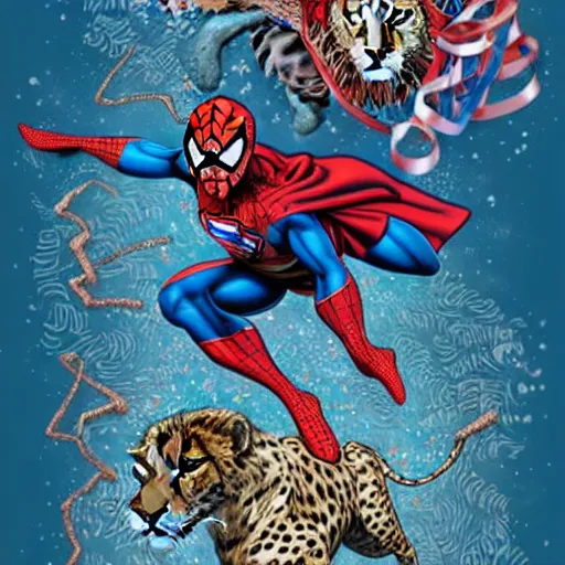 Prompt: Spiderman and superman are riding on cheetah and a lion running through the forest and surrounded by colorful ribbons and party confetti , concept art, huge scale, high detail, sci fi by James Jean