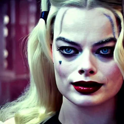 Image similar to Margot Robbie as real-life Harley Quinn, cinematic, Wide-shot, atmospheric lighting, directed by Quentin Tarantino, extreme detail, 8K, movie still