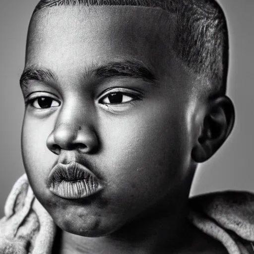 Image similar to the face of young kanye west at 9 years old, portrait by julia cameron, chiaroscuro lighting, shallow depth of field, 8 0 mm, f 1. 8