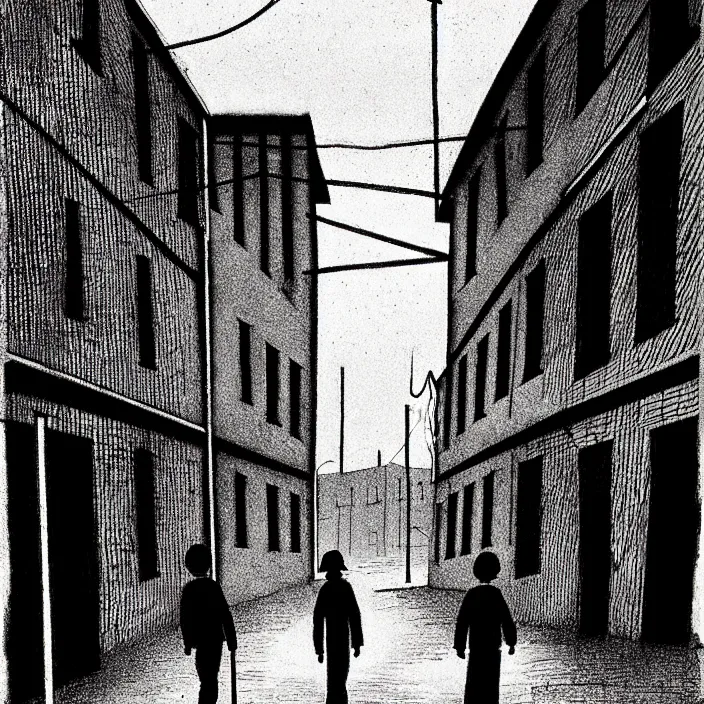 Prompt: [ sadie sink in dirty workmen clothes walks ] next to [ a long street with newcastle terraced housing ]. background : factory, dirty, polluted. technique : black and white pencil and ink. by gabriel hardman, joe alves, chris bonura. cinematic atmosphere, detailed and intricate, perfect anatomy