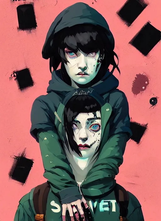 Image similar to highly detailed portrait of a sewer punk lady student, blue eyes, tartan hoody, black hair by atey ghailan, by greg rutkowski, by greg tocchini, by james gilleard, by joe fenton, by kaethe butcher, gradient green, black, brown and magenta color scheme, grunge aesthetic!!! ( ( graffiti tag wall background ) )