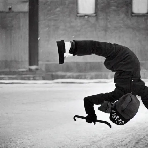 Prompt: A ski mask wearing man while holding an uzi doing a backflip in the street, photographed by Henri Cartier-Bresson on a Leica camera