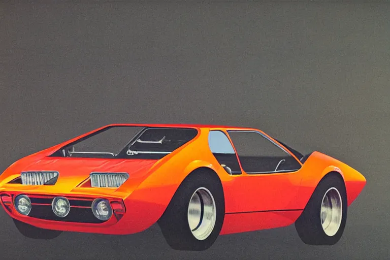 Prompt: designed by giorgetto giugiaro stylized poster of a single 1 9 6 9 amc amx / 3 miura citroen dm bmw m 1 ( ( mclaren f 1 ) ) delorean concept, thick neon lights, ektachrome photograph, volumetric lighting, f 8 aperture, cinematic eastman 5 3 8 4 film