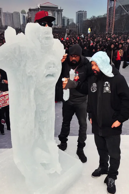 Image similar to dramatic photo, the rapper'ice cube'carving a full body ice sculpture of rapper'ice cube'at harbin ice festival, wide angle photo, award winning, artgerm, wlop, james gurney, trending on artstation