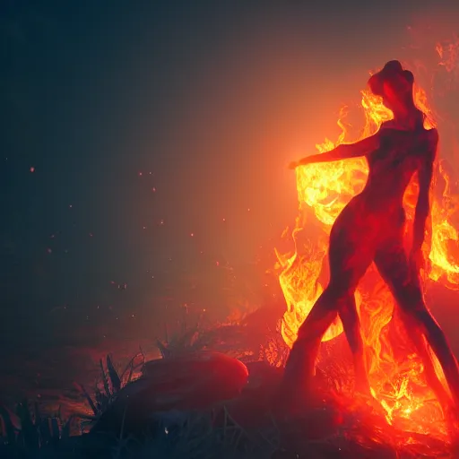 Image similar to portrait of a fire sprite, flames, dark, red glowing background lighting, hyper detailed, fairy tale, 4 k octane render