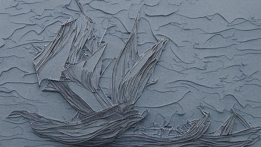 Prompt: a Layered paper art of a ship in a stormy sea