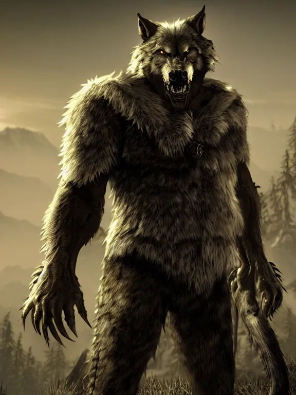 Image similar to cute handsome cuddly burly surly relaxed calm werewolf from van helsing unreal engine hyperreallistic render 8k character concept art masterpiece screenshot from the video game the Elder Scrolls V: Skyrim