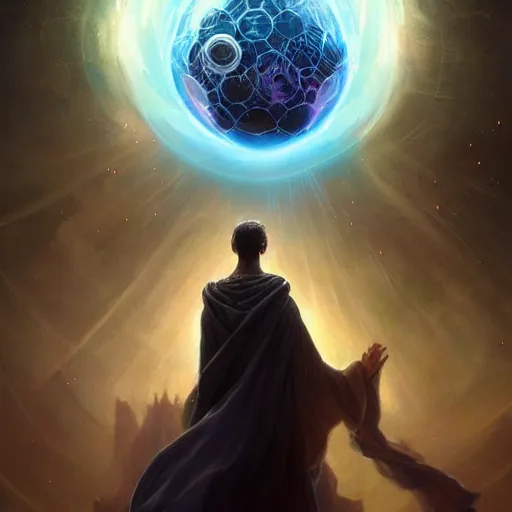 Image similar to the creator of worlds wearing a cloak and holding a holographic planet projection in his hand, detailed, sci - fi, digital painting, artstation, sharp focus, illustration, ominous, artgerm, tomasz alen kopera, peter mohrbacher, donato giancola, joseph christian leyendecker, wlop, frank frazetta