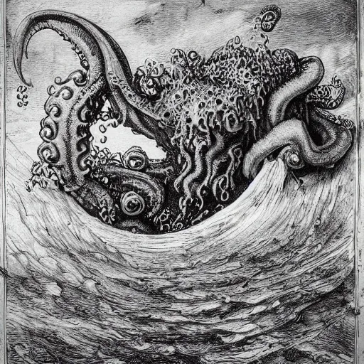 Prompt: cthulhu breaking through the antarctic ice at night, engraving in the style of albrecht durer, rembrandt or gustave dore, doom gloom misty detailed tentacle nightmare horror apocalypse