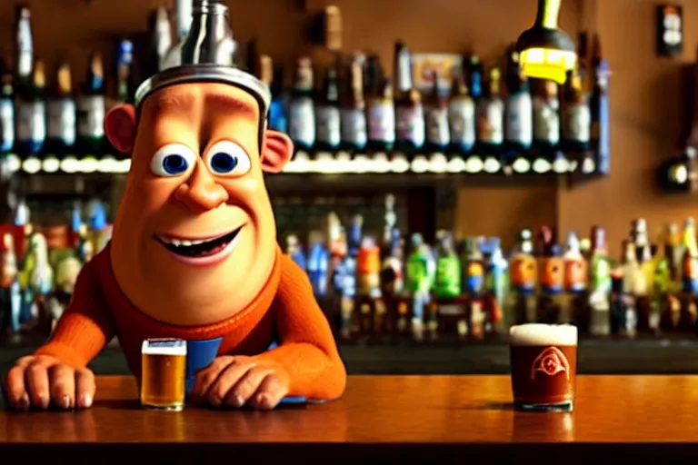 Image similar to a anthropomorphic pint of beer, pixar, who is a customer, waits to be served by a bartender,