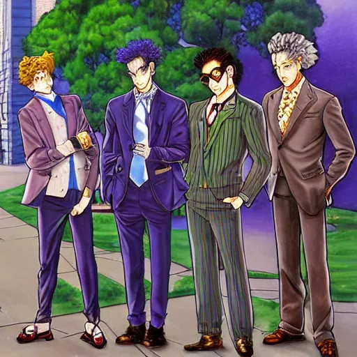 Prompt: a beautiful painting of four well dressed men posing for a picture on a city street by hirohiko araki, detailed line art, jojos bizarre adventure